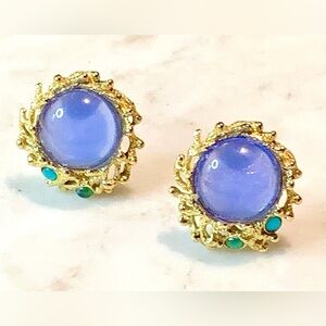 TRIFARI MARCELLA SALTZ EARRINGS CLIP VINTAGE BLUE CABOCHON GOLD CORAL BRANCHES